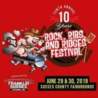 A red and white logo for the rock ribs and ridges festival.