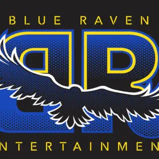 A blue and yellow logo for the blue raven entertainment.