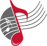 A red and gray musical note with five lines of music.