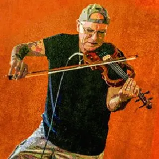 A man playing the violin with an arm extended.